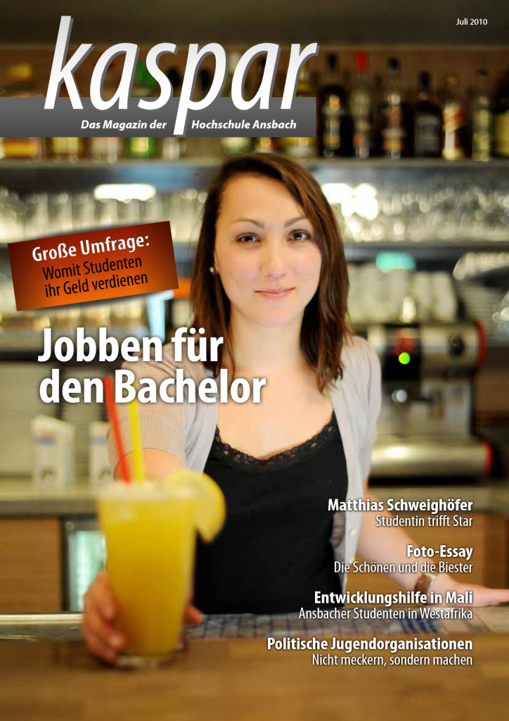 Cover Ausgabe 1: Barkeeperin gibt Getränk über Theke. Titel: "Jobben für den Bachelor"