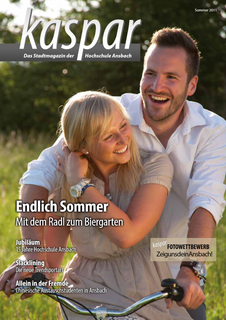 Cover Ausgabe 3: Ein junges Paar auf einem Fahrrad. Titel: "Endlich Sommer: Mit dem Radl zum Biergarten"