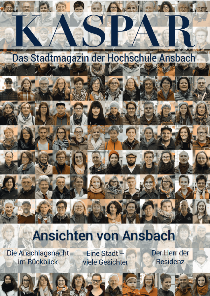 Cover Ausgabe 14: Sehr viele Einzelportraits von Ansbachern in einer Collage. Titel: "Ansichten von Ansbach"