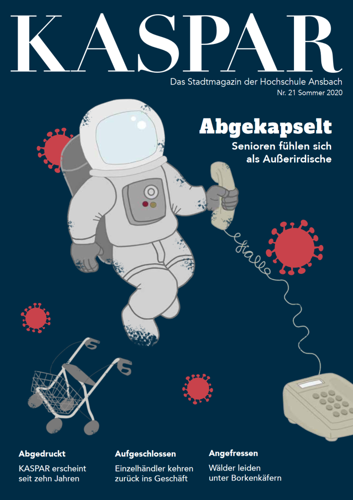 Cover Ausgabe 21: Illustration eines Austronauten zwischen Coronabakterien. Titel: "Abgekapselt - Senioren fühlen sich als Außerirdische"